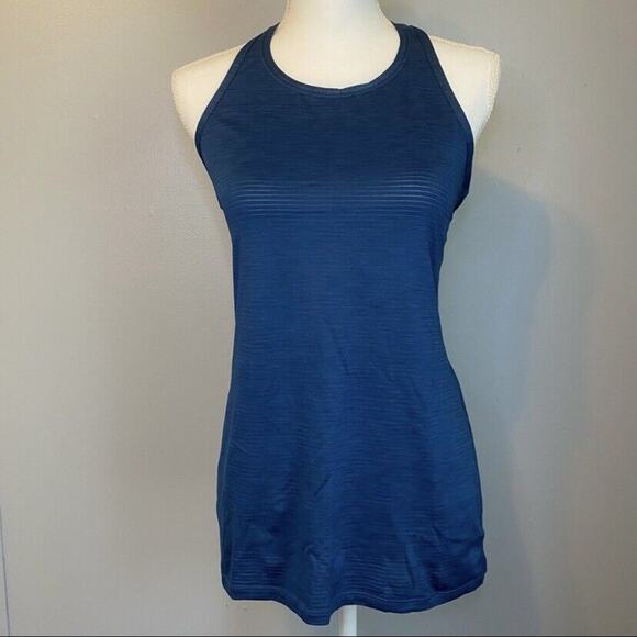 Athleta Shadow Striped Chi Yoga Tank Top Sz XS Scoop Neck Heather Blue Racerback - Picture 2 of 8